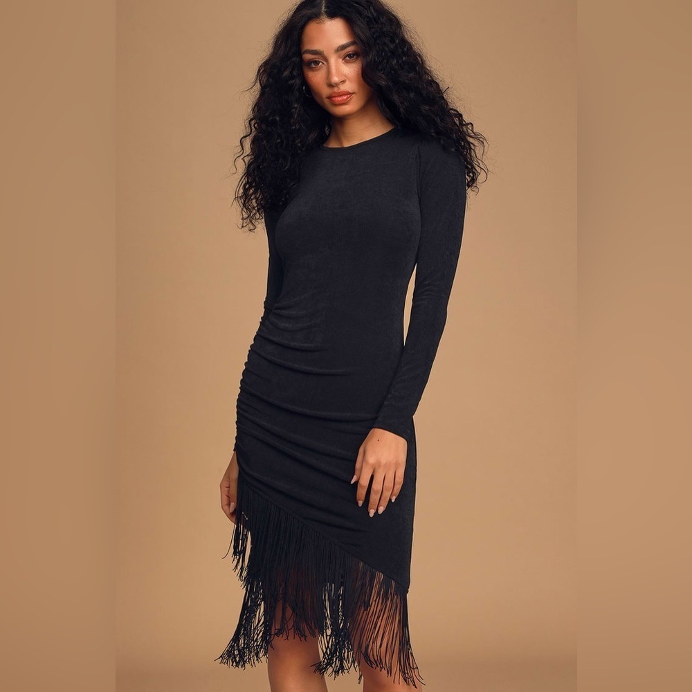 NWT Lulus Out For the Evening Black Fringe Long Sleeve Bodycon Dress size Small - Picture 13 of 13